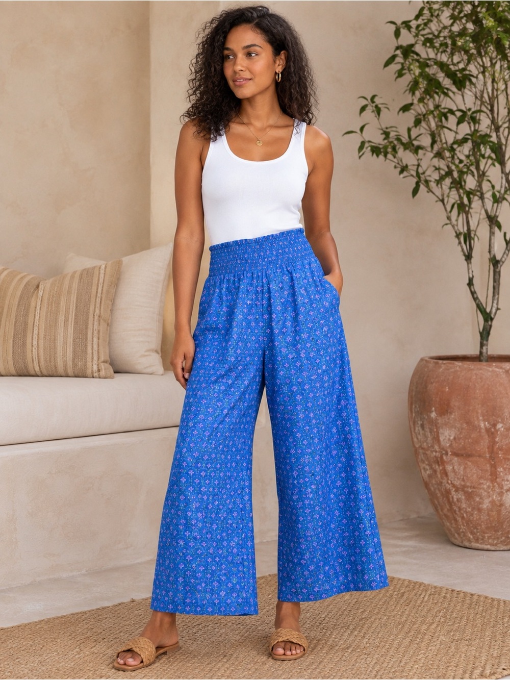 NWT GUDRUN SJÖDÉN Neela Blue Floral Wide Leg Pants Size XL Organic Cotton